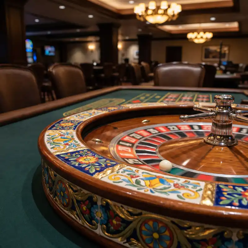 Ruleta europea girando con diseño inspirado en cerámica mexicana de Guanajuato