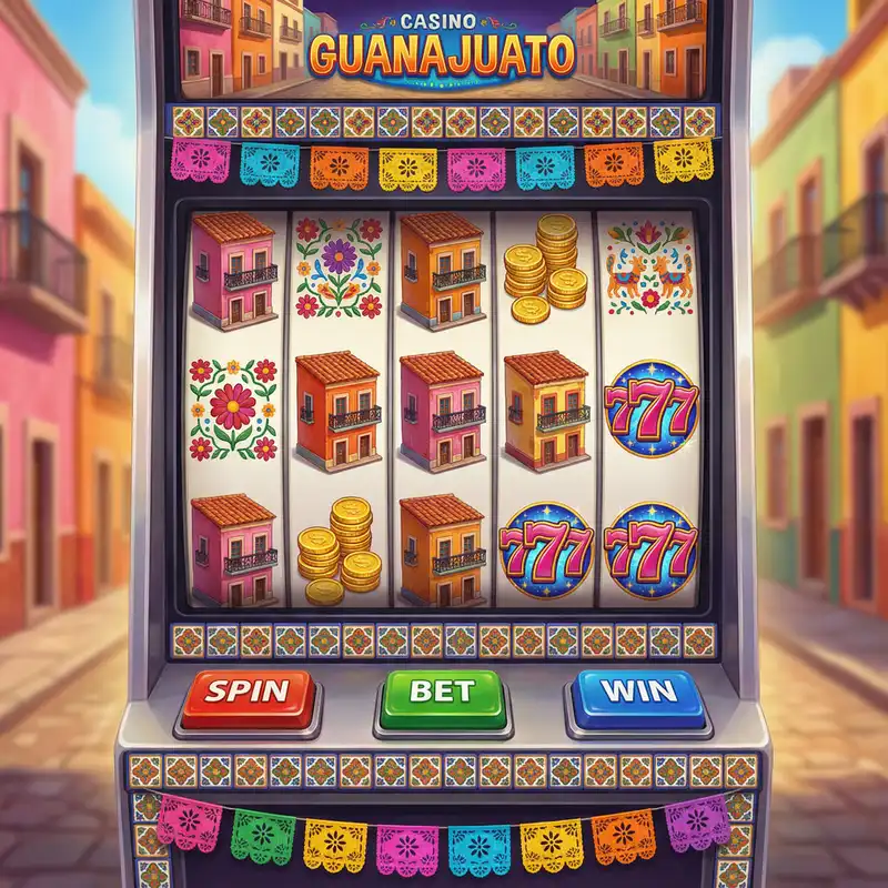 Pantalla de tragamonedas con temática de Guanajuato mostrando símbolos coloridos de casas coloniales